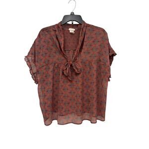 Natural Life Womens Large Floral Sheer Smocked Tie Knot Blouse Flowy Lightweight